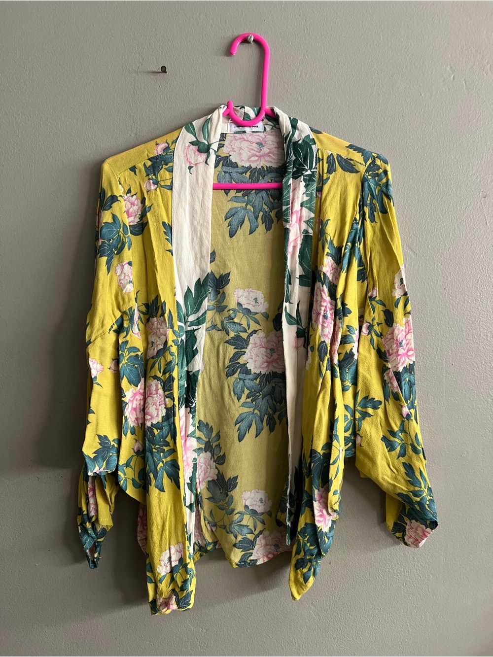 Anthropologie Yellow Floral Open Front Short Kimono Cardigan Wrap Top O/S